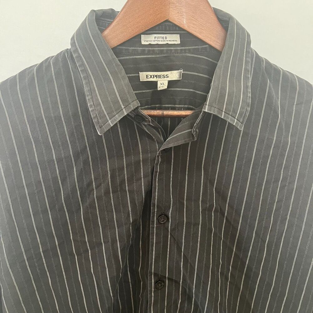 Express 1MX Mens Black StippeFitted Stretch Button Down Shirt Sz XL  17-17 1/2